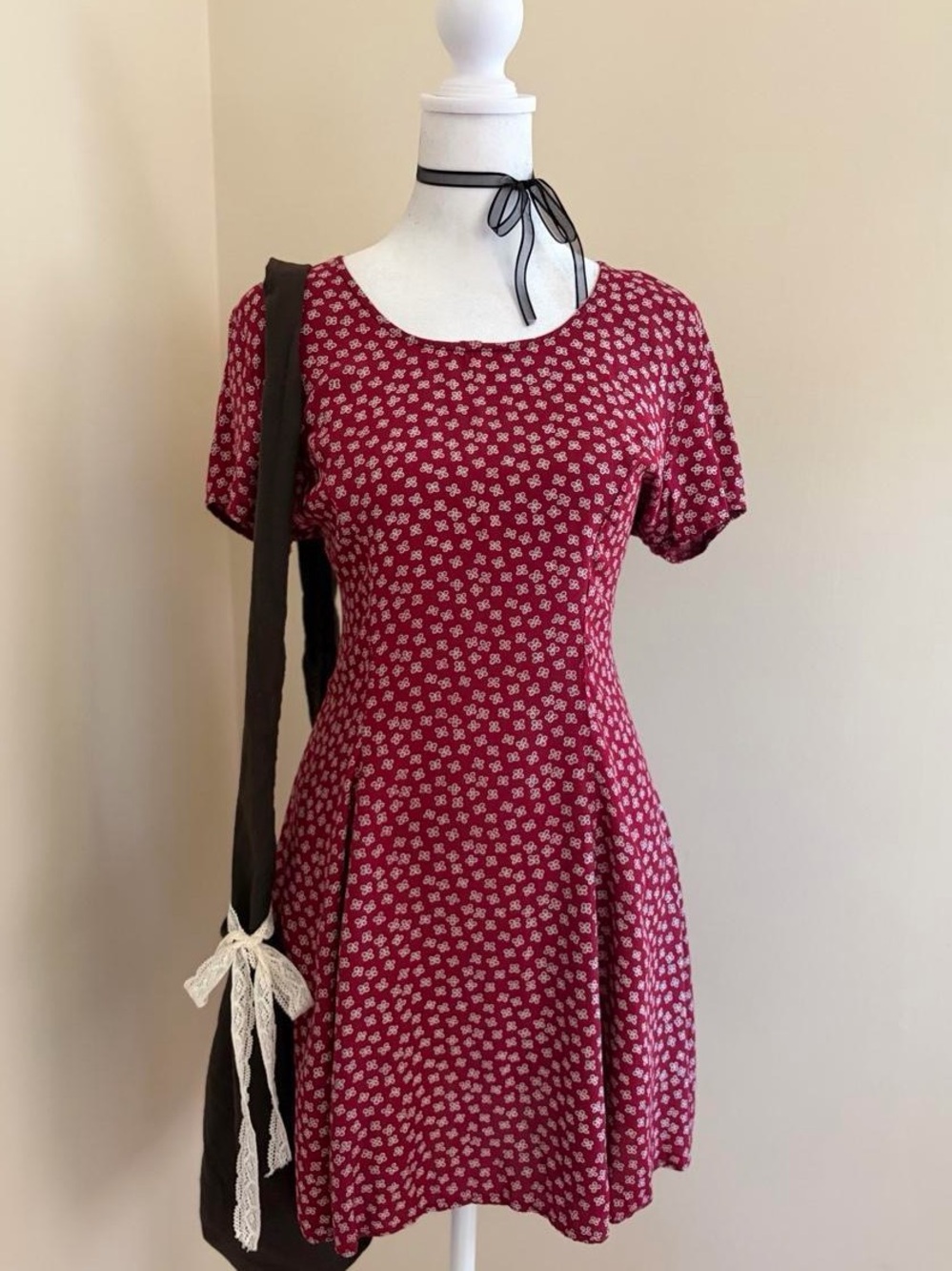 Vintage 90s floral babydoll corset lace up tie back mini dress burgundy red S